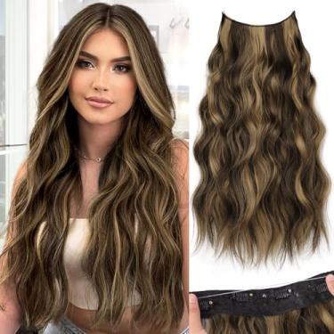 Imagem de KooKaStyle Extensões de cabelo invisíveis com faixa de cabeça transparente tamanho ajustável 4 clipes seguros longos ondulados destaques sintéticos 50 cm balayage marrom chocolate a loiro caramelo