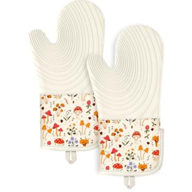 Imagem de Slohif Luvas de forno longas de silicone resistentes ao calor para mulheres – 2 peças de luvas de forno 100% algodão, luvas de forno de silicone antiderrapantes e impermeáveis com cabide para assar e