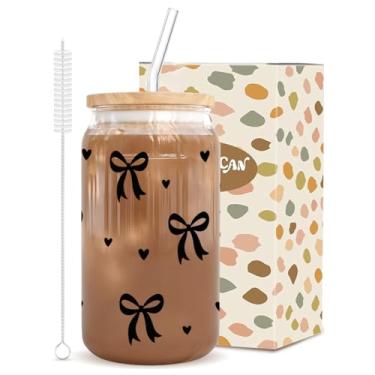 Imagem de Copo de vidro preto elegante, copo chique de 473 ml com tampa de bambu e 2 canudos, conjunto de presente elegante para mulheres para café gelado, coquetéis, cerveja e refrigerante