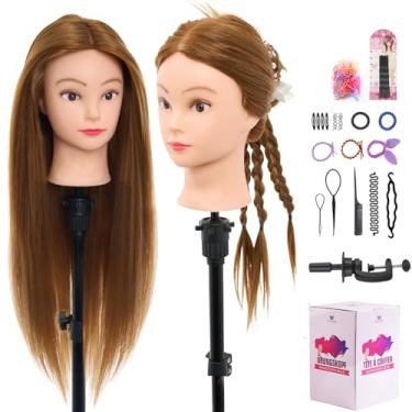 Imagem de Cabeça de manequim com 80% cabelo humano real - Cabeça de prática de manequim cosmetologia de 71 cm com cabelo, cabeça de boneca de treinamento de cabeleireiro trançado para penteados com grampo de