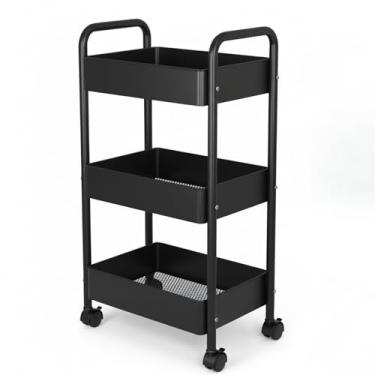 Imagem de Carrinho Organizador Multiuso com Rodízios 360°, 3 Prateleiras de Aço Inoxidável, Design Compacto e Resistente – Ideal para Cozinha, Banheiro e Escritório (Preto)