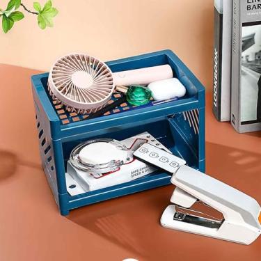 Imagem de Prateleira organizadora de mesa de 2 camadas - rack de armazenamento de plástico para escritório, quarto, dormitório, acessórios de mesa, material escolar, suporte de papelaria