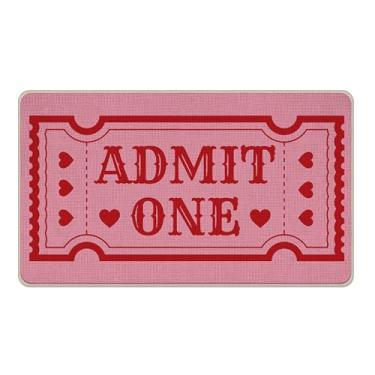 Imagem de Livcoz Tapete rosa Admit One Ticket Welcome para porta da frente, tapete decorativo romântico para o dia dos namorados, tapete de entrada antiderrapante, coração de amor, perfil baixo, interior