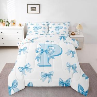 Imagem de Erosebridal Jogo de cama solteiro com letra P personalizado com laço azul fofo para decoração de quarto de princesa, exclusivo chique, laço alfabético, P, edredom kawaii