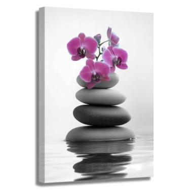 Imagem de ZSHARTSWD Arte de parede Zen Orquídea Flores e Pedras Zen na água Imagens Spa Banheiro Impressão em Tela Pintura Floral para Sala de Ioga Escritório Decoração de Casa Emoldurada (Rosa, 45.7 cm x 30.5