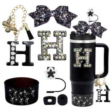 Imagem de Conjunto de acessórios de copo Stanley pretos 7 peças para copo Stanley 850 g 1,134 g, incluindo topo de palha de diamante, pingente de letra, laço preto, adesivo de iniciais, tampa à prova de