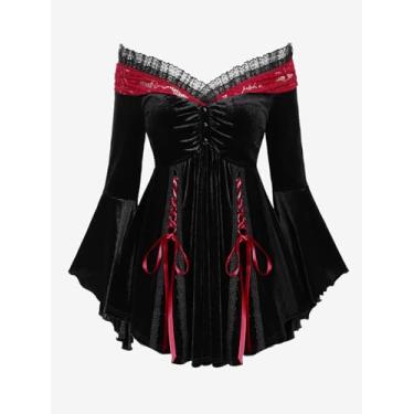 Imagem de ROSE GAL Rosegal Camiseta feminina plus size romântica gótica com cadarço painel de renda franzida mangas de sino de veludo, Preto 2, Large Plus