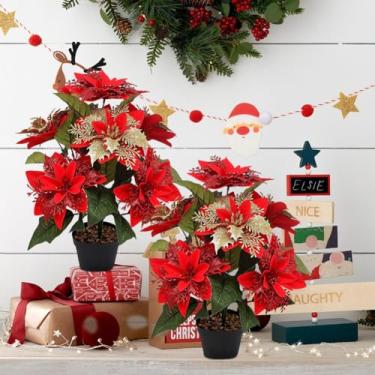 Imagem de Surakey 2 peças de decoração de mesa de centro de Natal - vasos de plantas - Arranjos florais de Natal com flores de poinsétia, com pétalas de ouro, bonsai verde para decoração de mesa de jantar