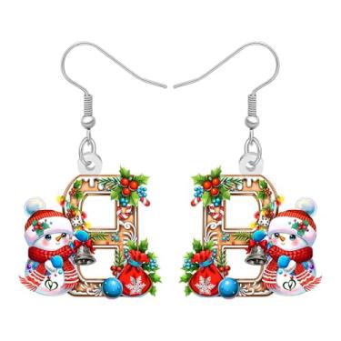 Imagem de BAMAY Brincos de acrílico com letra para mulheres, presentes exclusivos de aniversário, férias de inverno com pingente de boneco de neve, gnomo, gato, Natal, Natal, presentes iniciais para mulheres e