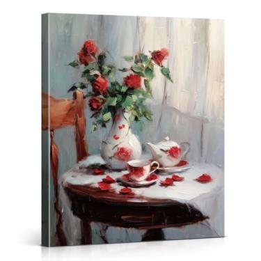 Imagem de Rosa vermelha Dia dos Namorados Decoração de parede romântica vaso rosa imagem pôster decoração de parede para casa sala de estar quarto 20 x 25 tela emoldurada