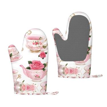 Imagem de Xícaras de chá com rosas românticas gastas - luvas de forno de silicone resistentes ao calor - aderências antiderrapantes, grelhar e usar na cozinha (pacote com 2)