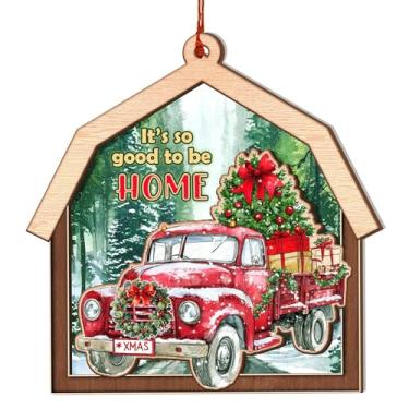 Imagem de Enfeites de Natal de caminhão vermelho, enfeite de caminhão de fazenda vintage, madeira de camada dupla e acrílico, decoração de casa de fazenda inquebrável para árvore de Natal, lembrança rústica