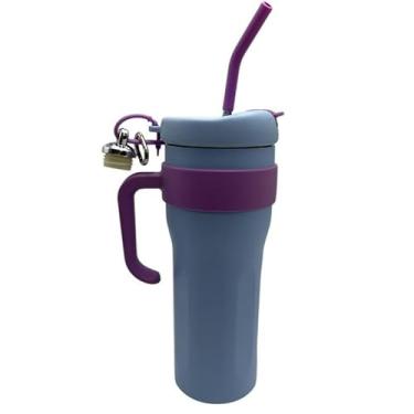 Imagem de Copo Térmico com Tampa 2 em 1 (Bico e Canudo) - 2 Formas de Beber, Design Moderno, Isolamento Térmico, Cores Vibrantes - Para Academia, Trabalho e Viagens (Azul Com Aça Aberta Pink)