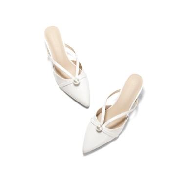 Imagem de Coutgo Sandália feminina de cetim com salto gatinho pérola com bico fino fechado, Branco/couro envernizado, 40