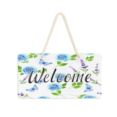 Imagem de Burbuja Placa de boas-vindas de lavanda Blue Roses para porta da frente, placa de boas-vindas de PVC para decoração de férias, 15 x 28 cm