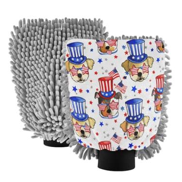 Imagem de STAYTOP Luvas de lavagem de carro para cães Dia da Independência, 2 peças, luvas de microfibra de chenille, sem arranhões, panos de esponja de lavagem ultra absorventes para carros, limpeza doméstica