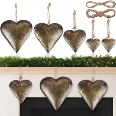 Imagem de Frienda 8 peças de sino de vaca decorativo de coração de metal para uso interno e externo rústico inspirado no tibetano com corda de juta para pendurar em juta para decoração de parede de Natal