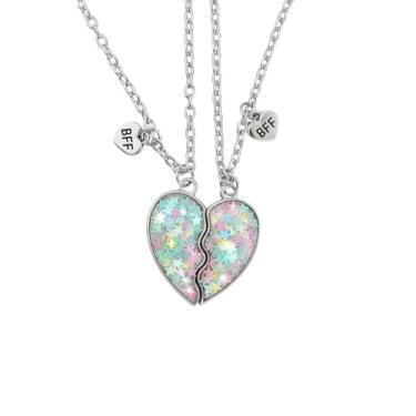 Imagem de ROSTIVO Colar com pingente de coração com glitter dividido em aço inoxidável para mulheres – Joias com tema BFF para uso diário, festas e presentes