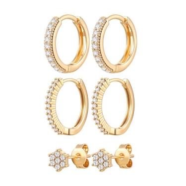 Imagem de MDFUN Brincos de argola para mulheres, banhados a ouro 18 k, hipoalergênicos, cartilagem, conjunto de brincos para vários piercings, joias modernas, presentes, Small, Latão, Zircônia cúbica