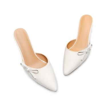 Imagem de Coutgo Sapato feminino com laço e salto mules dois tons, bico fino, fechado, sem costas nuas, sapatos de casamento, Off-white, 41