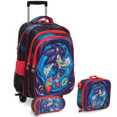 Imagem de Kit Mochila Infantil Escolar Menino Sonic Rodinha Creche - Plike