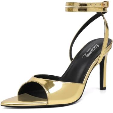 Imagem de Susanny Sandálias de salto alto para mulheres, bico fino aberto com tiras, salto grosso, tira no tornozelo, sandálias de salto agulha gatinho para casamento, festa de casamento, formatura, vestido