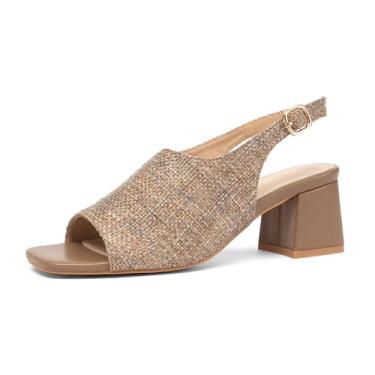 Imagem de NEWBELLA Sandálias femininas de bico quadrado com salto baixo e tira ajustável no tornozelo, sandálias elegantes para casamentos, festas e eventos noturnos, Marrom, 35