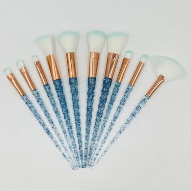 Imagem de Conjunto de 10 pincéis de maquiagem de cristal com glitter, pincéis de maquiagem Sparkles Fan Blush Powder (azul)