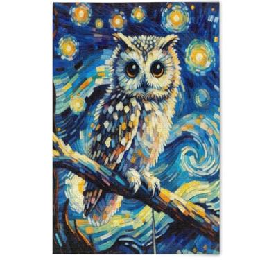 Imagem de Quebra-cabeça de coruja fofa colorida noite estrelada 1000 peças adultos decoração de arte animal decoração arte prima quebra-cabeça divertido bobo, 1000 peças, 75 x 50 cm