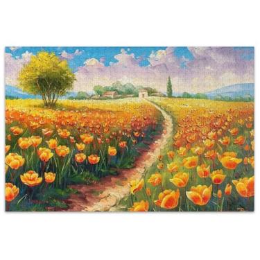 Imagem de Quebra-cabeças de campo de flores com pintura de tulipas 500 peças para adultos fofos com estampa de animais para adultos, amigos, família, presentes de jogos