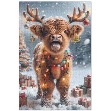 Imagem de Quebra-cabeças de Natal Highland Cow Winter Cute 1000 peças para adultos pintura de paisagem personalizada inverno cena quebra-cabeças divertidos bobos, 75 x 40 centímetros