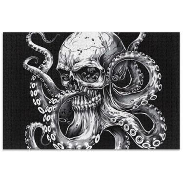 Imagem de Quebra-cabeça de caveira de polvo preto e branco para adultos, 500 peças, presentes de jogos para a família, quebra-cabeças rígidos, estampa de flores e animais