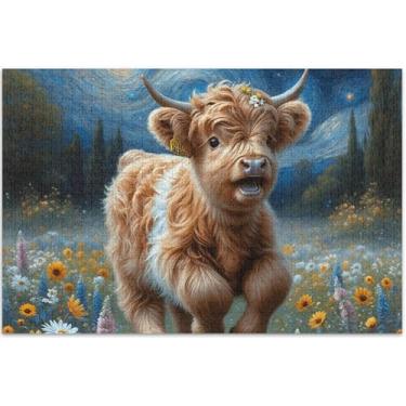 Imagem de Quebra-cabeça floral de vaca Highland 500 peças para adultos, presentes de festa de elefante branco, paisagem, cenário, arte floral, 51 x 35 cm