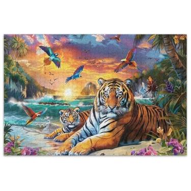 Imagem de Tigres pintura paisagem praia adultos quebra-cabeça 500 peças família amantes presentes difíceis quebra-cabeças para adultos colorido floral