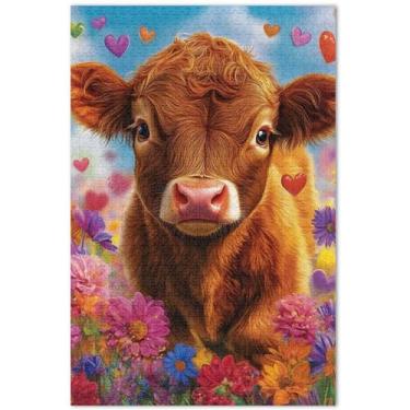 Imagem de Quebra-cabeça fofo de flores de bezerro rosa para adultos 500 peças divertido bobo legal para adultos paisagem floral, 51 x 35 centímetros