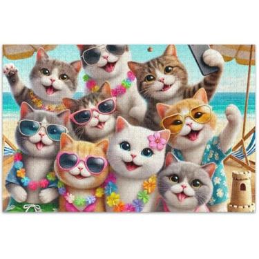 Imagem de Quebra-cabeça de animais felizes gatos fofos adultos 1000 peças arte brinquedo pintura divertido quebra-cabeça divertido bobo, 75 x 40 centímetros
