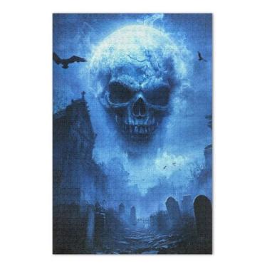 Imagem de Quebra-cabeça de caveira subindo acima das ruínas da cidade com letras nas costas para adultos 1000 peças