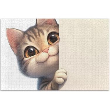 Imagem de Quebra-cabeça de gato com desenho animado sorridente 500 peças para adultos paisagem floral mordaça presente quebra-cabeça família amantes presentes, 20,5 x 14,9 polegadas