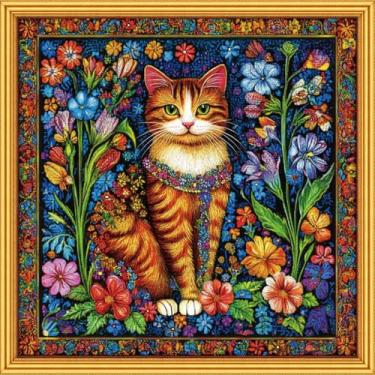 Imagem de DMCVIVR Kits de ponto cruz estampado para iniciantes e adultos, kits de bordado para iniciantes, kit cruzado para iniciantes, 11 quilate - gato floral colorido 45,7 x 45,7 cm