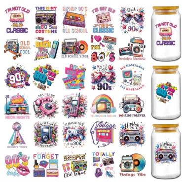 Imagem de AFRITEE Envelopes de copo UV DTF - 30 folhas vintage dos anos 90 UV DTF adesivos para 16 copos de 590 ml, adesivos de transferência de bola de discoteca de rádio digital nostalgia, decalques, faça
