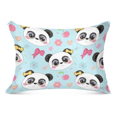 Imagem de Capa de almofada de flanela azul panda com zíper capa de travesseiro padrão King Queen decoração de cama de animal, tamanho king, 50,8 cm x 101,6 cm