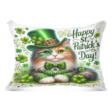 Imagem de Capa de travesseiro de pelúcia verde gato do dia de São Patrício respirável capa de travesseiro longa 53 x 54 polegadas