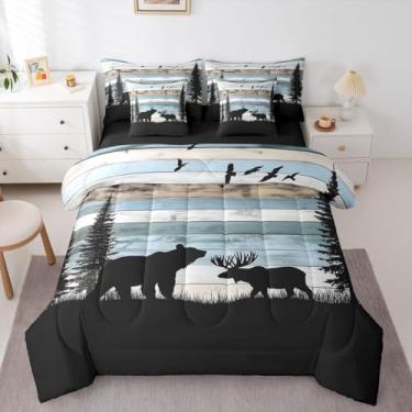 Imagem de Feelyou Jogo de cama com 7 peças, urso selvagem, veado, caçador, pássaro, lençol com lençol para crianças, meninos, meninas, montanha, floresta, fazenda, oeste, macio, leve