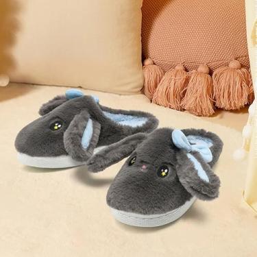 Imagem de Pantufas de coelho de orelhas grandes para meninas e meninos, lindo laço felpudo fofo confortável desenho animado coelho peludo engraçado travesseiro nuvem casa quarto casa chinelo para crianças