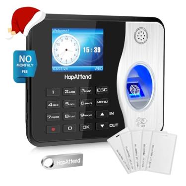 Imagem de HapAttend Relógios de ponto para funcionários de pequenas empresas, cálculo automático de horas, 0 taxas mensais, relógio de ponto com impressão digital, relógio biométrico autônomo H3 na máquina para