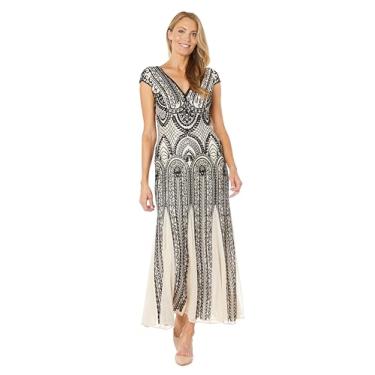 Imagem de Vestido longo de contas com 2 tons com decote em V, inserções Godet e lantejoulas, Champanhe/Preto, 48