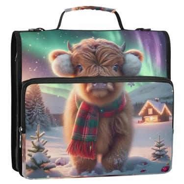 Imagem de Fichários fofos de Natal Highland Cow Bezerro com 3 anéis de 3 cm D fichário organizador com zíper com alça bolsa escolar portfólio e estojo suporte de pasta de anel