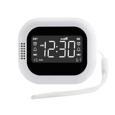 Imagem de Horett Despertador vibratório portátil com bateria de 1800 mAh, alarme duplo, vibração de 3 níveis, bloqueio de criança DST para pessoas com sono pesado com deficiência auditiva (branco)