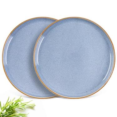 Imagem de GBHOME Conjunto de 2 pratos de aperitivo de cerâmica, pratos grandes de salada de grés de 21 cm para cozinha, seguro para micro-ondas e lava-louças, resistente a arranhões - azul