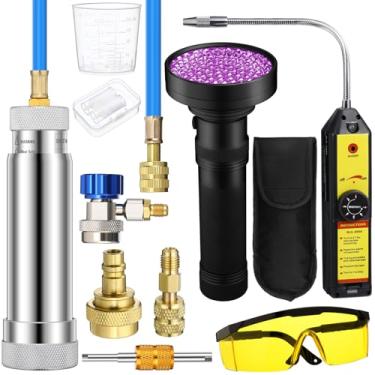 Imagem de Tellegloww Kit detector de vazamento AC, R1234yf R134a R410a Kit injetor de tinta UV de óleo CA Ferramenta de detecção de vazamento de refrigerante acoplador rápido lateral baixo mini adaptador